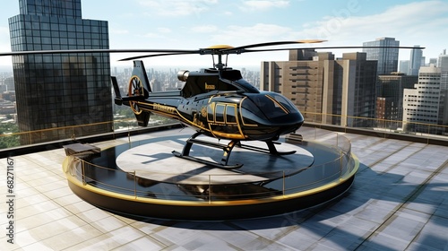 Helicopter on building roof helipad photo
