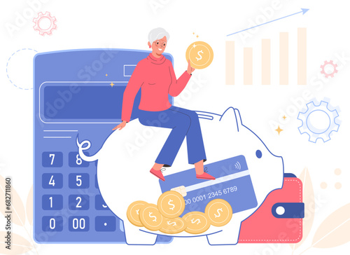 Beautiful gray-haired woman collecting money in piggy bank for retirement savings. Concept pension deductions, savings, wealthy retirement.