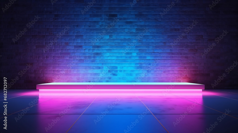 Empty space floor and wall background with neon colored tone, blank room with wall platforms  - Generative AI