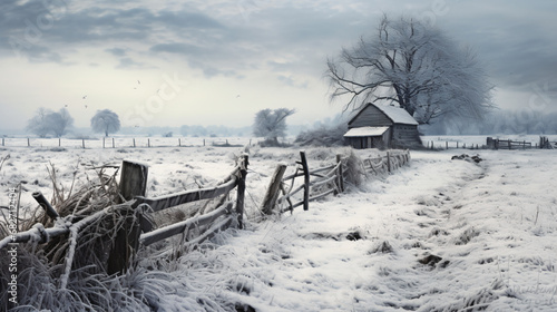 An old fence and a solitary house in the middle of a snow-covered field. Overcast sky. - Generative AI