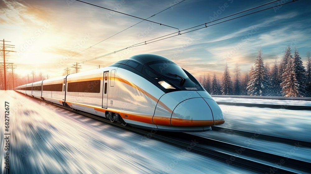 Modern high-speed train moving fast in winter morning.