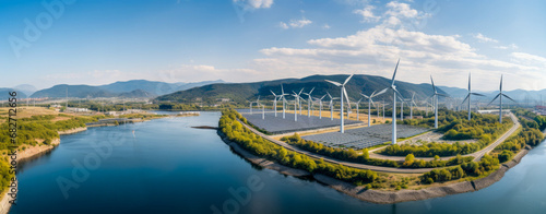 Wind turbines and solar park on a river, a panorama of energy generation from wind and sun. photo