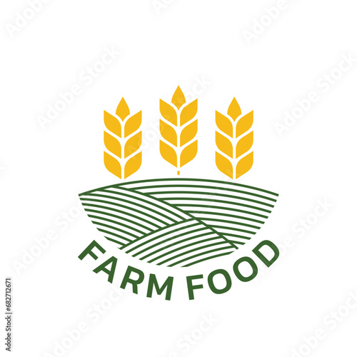 Farm food logo with agriculture field and wheat. Organic or eco food, nature, harvest symbol, label or badge design. Vector illustration.