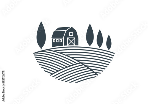 Farm logo with barn house and agriculture field. Rural icon, sign or label design. Countryside landscape emblem. Vector illustration.