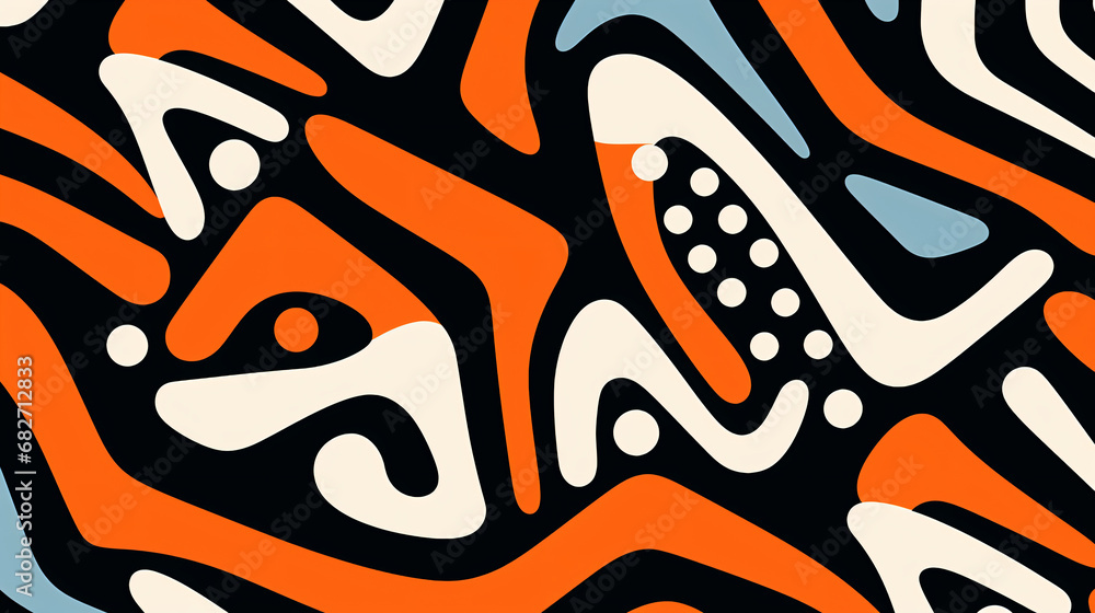 Geometric shapes in orange, white, and blue on a patterned black and white background - Generative AI Geometric shapes in orange, white, and blue on a patterned black and white background - Generative AI