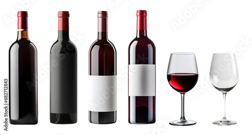 Set of red wine bottle with blank label and wine glass filled and empty on transparent background cutout, PNG file. Mockup template for artwork graphic design