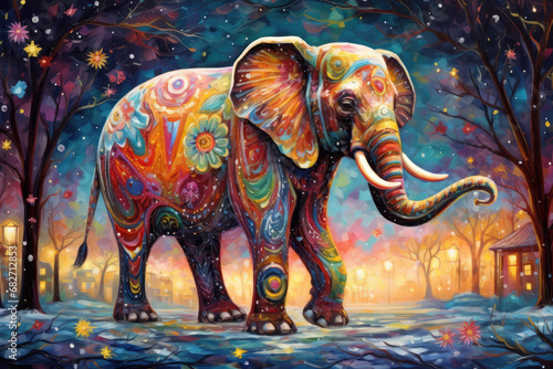 illustration of a magical fantasy elephant at night, colorful art with flowers and patterns