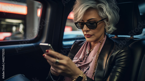 Mature businesswoman reading text message on her cell phone while traveling in a cab - Generative AI