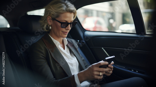Mature businesswoman reading text message on her cell phone while traveling in a cab - Generative AI © seogi