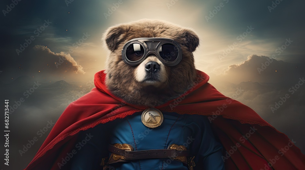 Poster of a bear wearing a cape and glasses