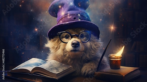bear wearing a magic hat and glasses photo