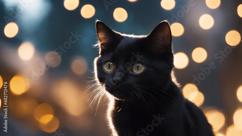 Cute black kitten on black background. Generative Ai	

