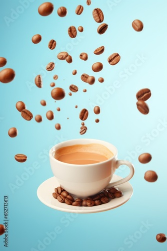 Cup with Coffee beans fly in the air on blue pastel background