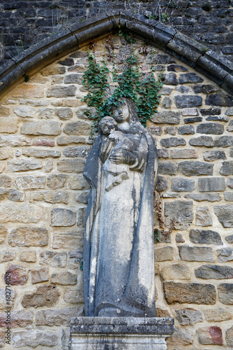 Orval trappist abbey, Belgium. CVirgin and child statue in the ruins of the former abbey