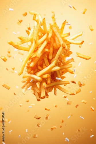 potato fries fly in the air on yellow pastel background.
