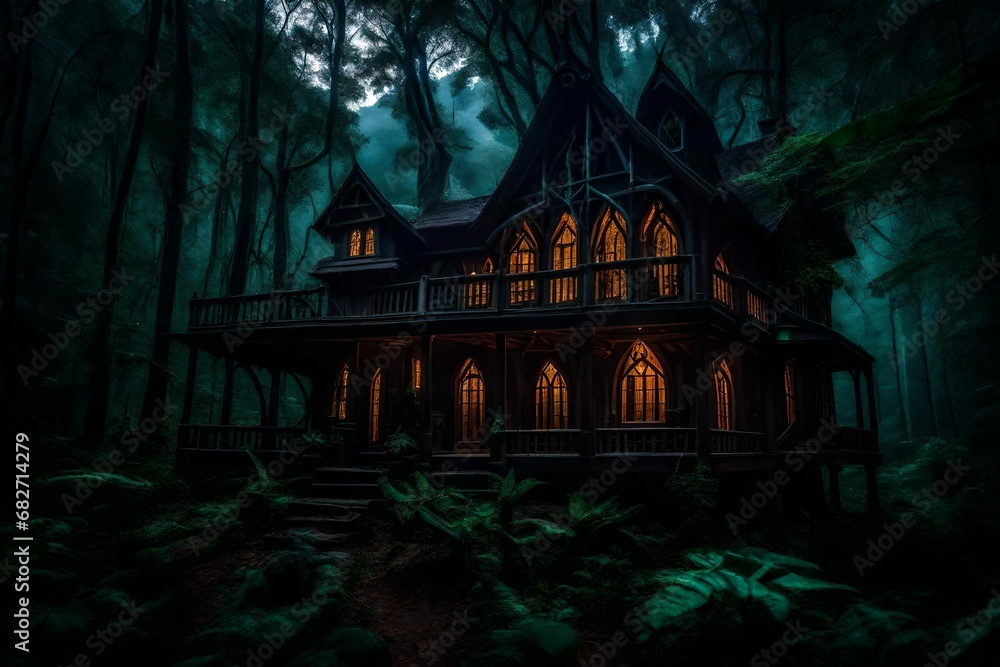 A gothic style cabin in a haunted rainforest illuminated with the mysterious glow of moonlight A gothic style cabin in a haunted rainforest illuminated with the mysterious glow of moonlight