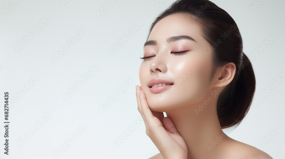 Medium shot of beautiful bsia model with clean fresh skin hand touch her face - Generative AI Medium shot of beautiful bsia model with clean fresh skin hand touch her face - Generative AI