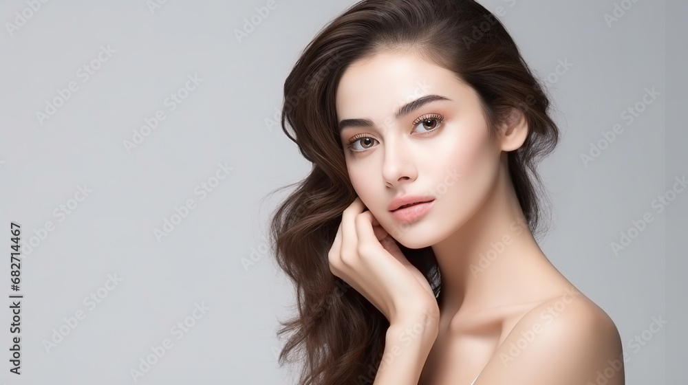 Beautiful asia model with clean fresh skin hand touch her face - Generative AI Beautiful asia model with clean fresh skin hand touch her face - Generative AI