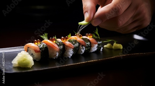 an image of a sushi chef creating a caterpillar roll with eel and cucumber