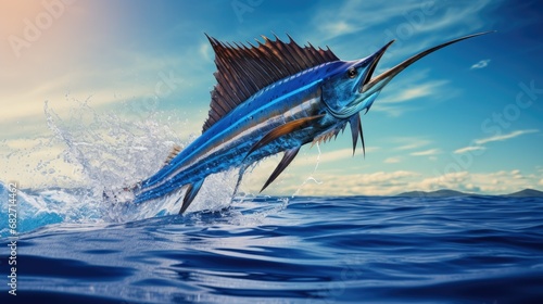 sailfish jumping over blue sea water photo