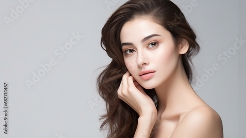 Beautiful asia model with clean fresh skin hand touch her face - Generative AI photo