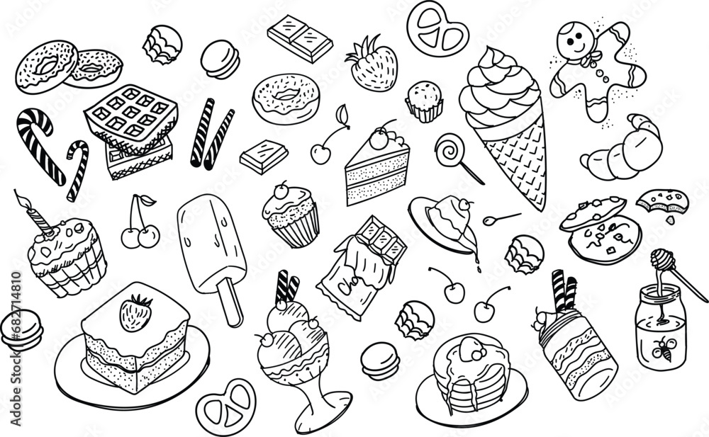 Dessert doodle set, hand drawn sweet food stroke icons