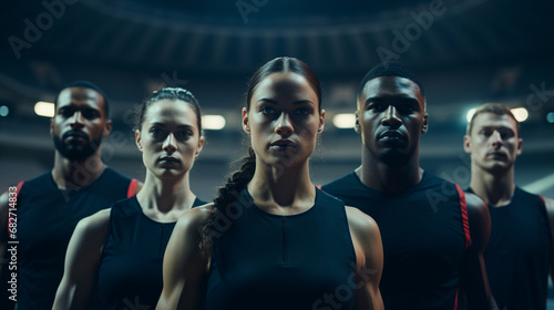 Close up, group of five well trained male and female athletes in the olympic stadium, night - Generative AI