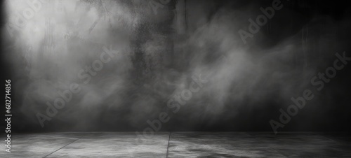 Dark abstract cement wall and studio room with smoke float up the interior texture for display products wall background high resolution.