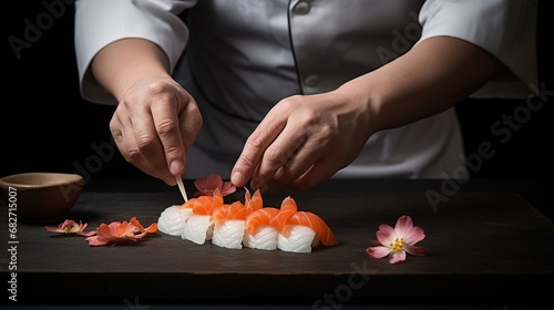 an image of a sushi chef creating a flower-shaped roll with fish petals