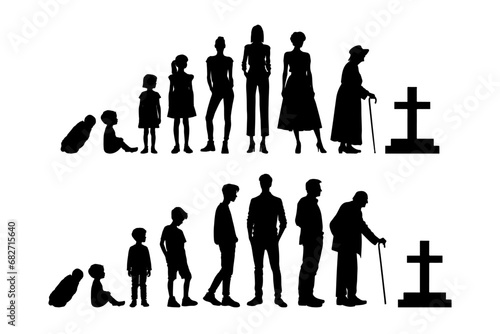 Vector illustration. Silhouette of growing up man from baby to old age. Many people of different ages in a row.