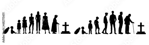 Vector illustration. Silhouette of growing up man from baby to old age. Many people of different ages in a row.