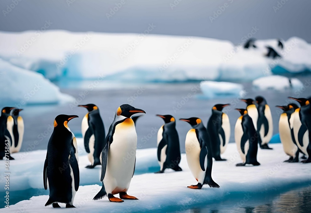Fototapeta premium AI generated illustration of a group of penguins stand on a large iceberg