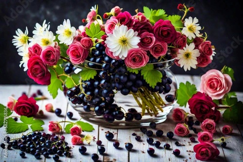 cherry and flowers on the table