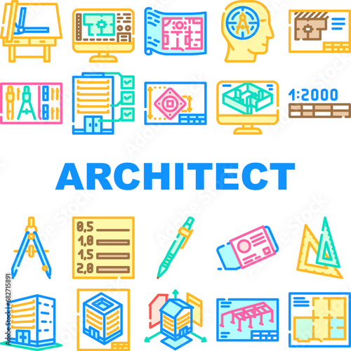 architectural drafter drawing icons set vector. house engineer, plan architecture construction architect building blueprint project architectural drafter drawing color line illustrations