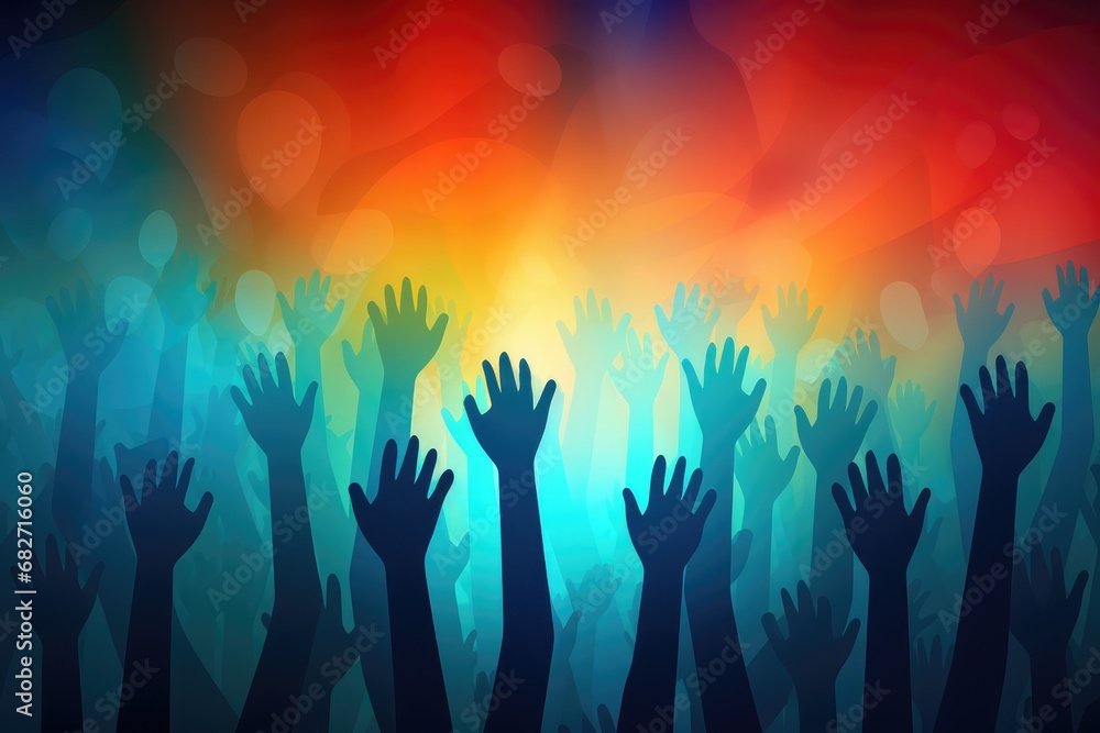 Silhouettes of hands raised up in the air on a colorful background. Abstract background for National Human Trafficking Awareness Day