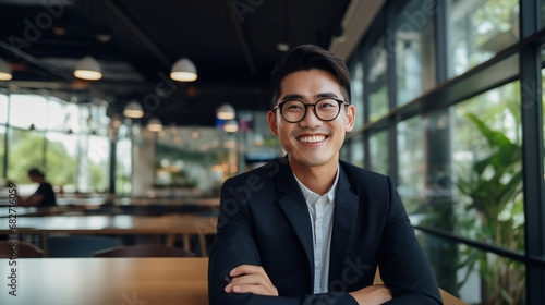 Portrait of a young handsome asian entrepreneur wearing smart glasses, smiling and looking forward to his future startup innovations - Generative AI