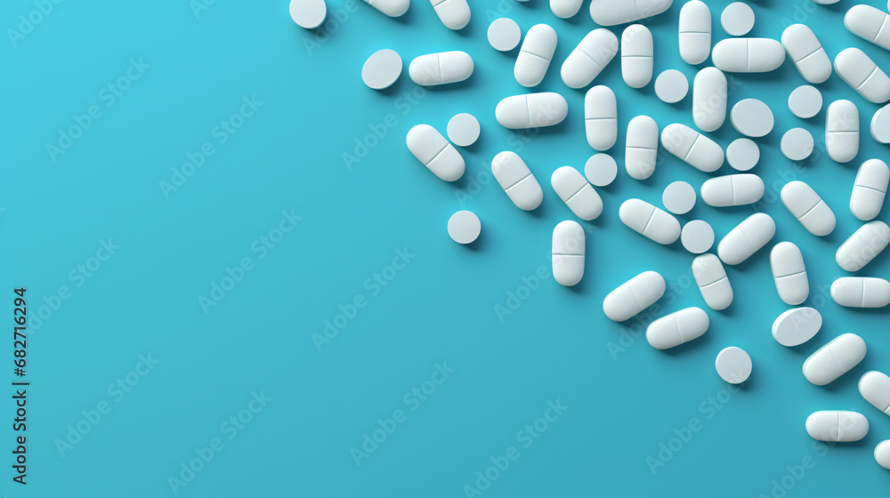 An arrangement of white pills on a blue background. Top view. - Generative AI An arrangement of white pills on a blue background. Top view. - Generative AI