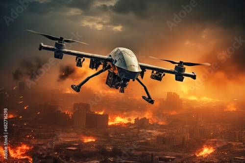 Military drone in flight observing positions. An unmanned aerial vehicle against the backdrop of a burning city. War. Reconnaissance and attack. Modern weapons.
