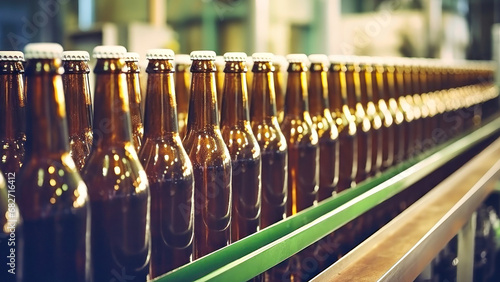 Factory for the production of beer. Brewery conveyor with glass beer drink alcohol bottles. Blurred background. Modern production for bottling drinks. Selective focus.