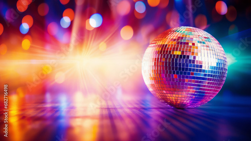 Disco ball sphere with colorful disco lights for party nights , wallpaper background with copy space