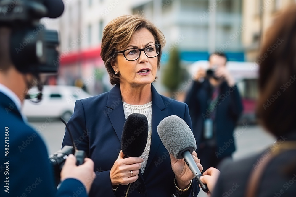 Caucasian politician woman respond to an interview live with microphones on a press conference outside on the city street - obrazy, fototapety, plakaty 