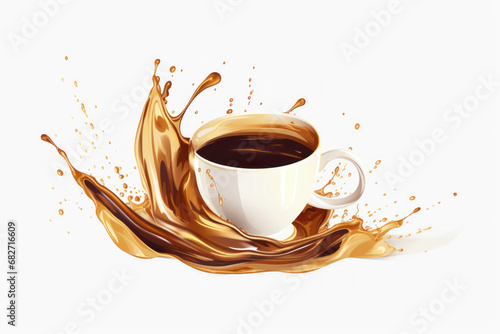 Photo of a steaming cup of coffee with a decadent chocolate drizzle