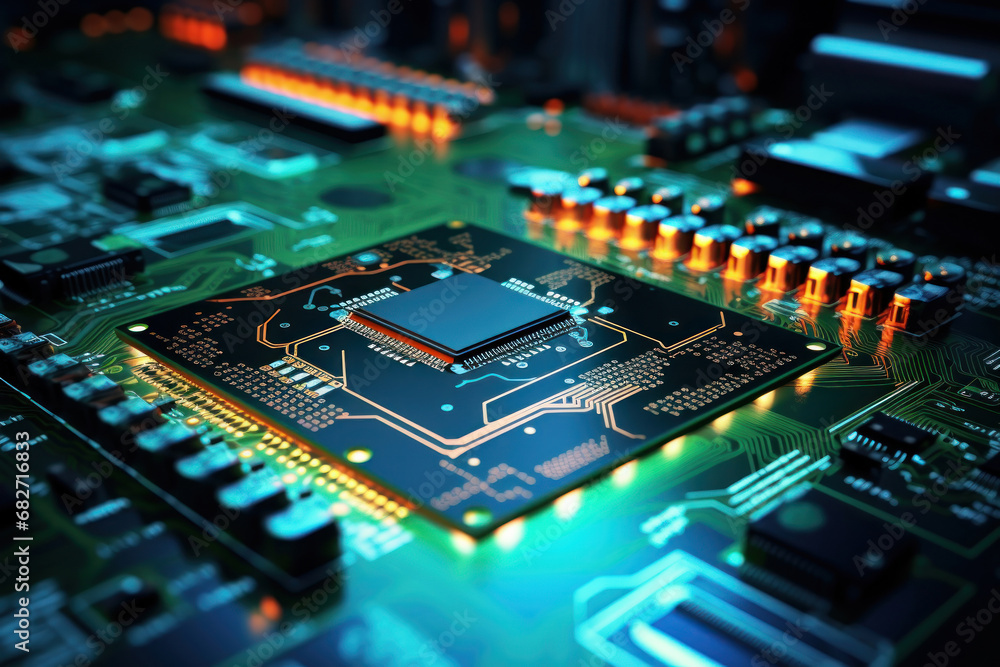 Motherboard with electronic components. Powerful processor. Development of computer technologies. Modern electronics production. Motherboard with electronic components. Powerful processor. Development of computer technologies. Modern electronics production.