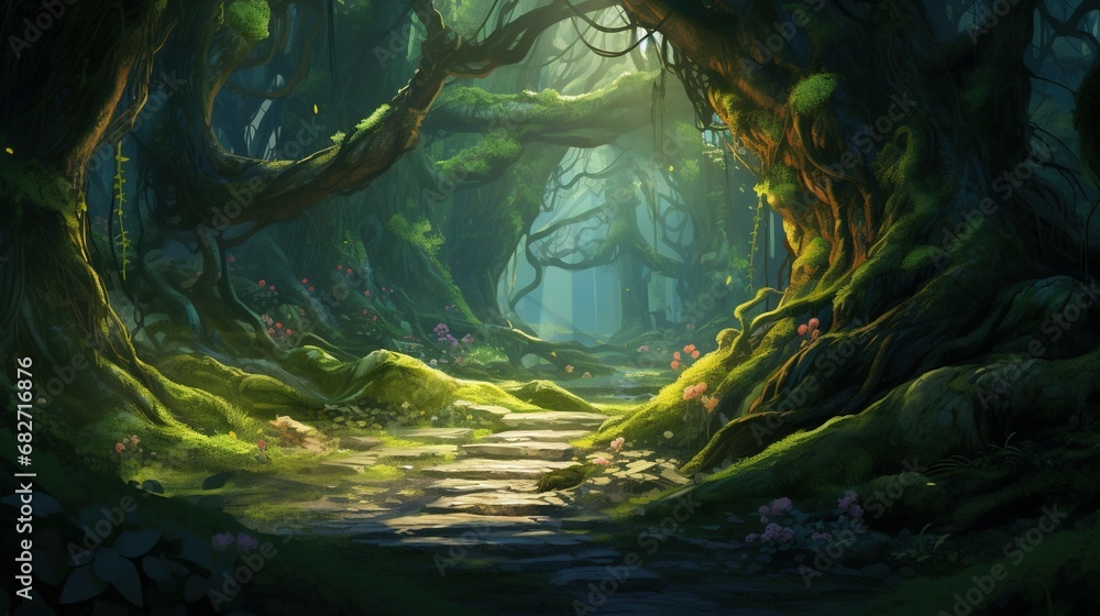 An enchanting elven forest shrouded in mystic fog fairy Style - obrazy, fototapety, plakaty 