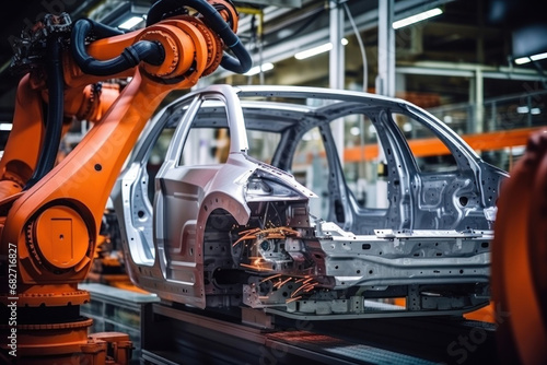 Automobile production line. Welding car body. Modern car assembly plant. Auto industry. Interior of a high-tech factory, modern production. © Anoo