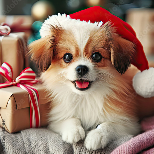 chihuahua puppy with santa claus hat
