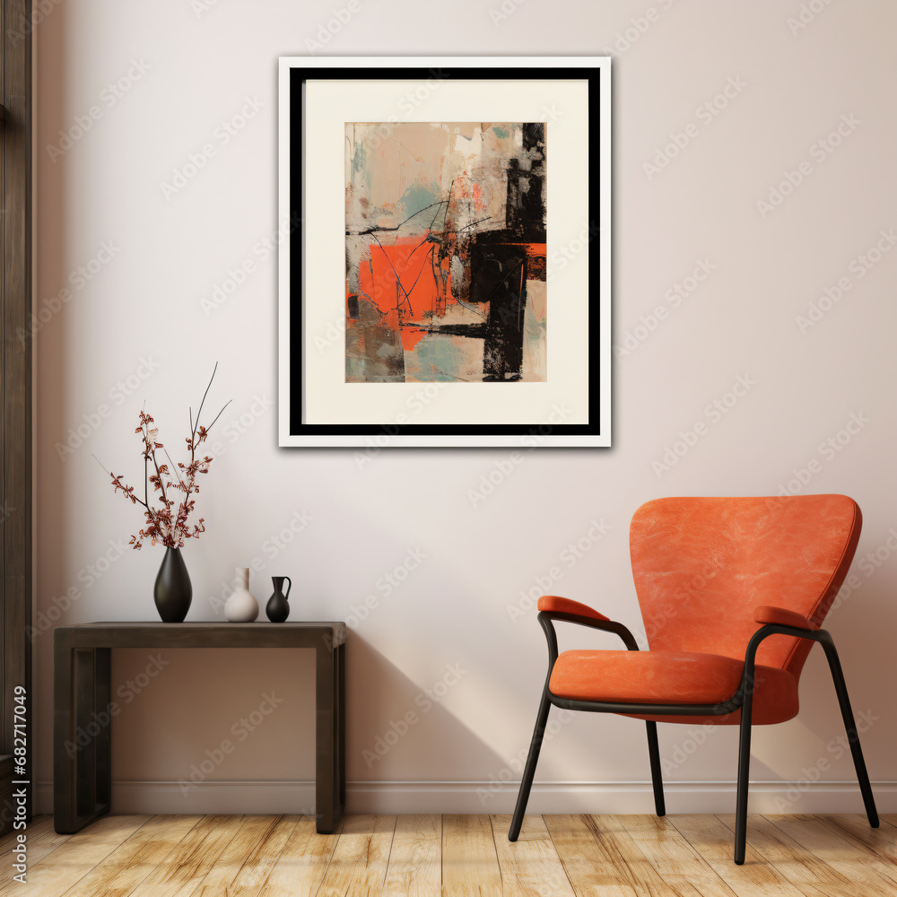 Modern interior design with picture frame hanging on it. - Generative AI