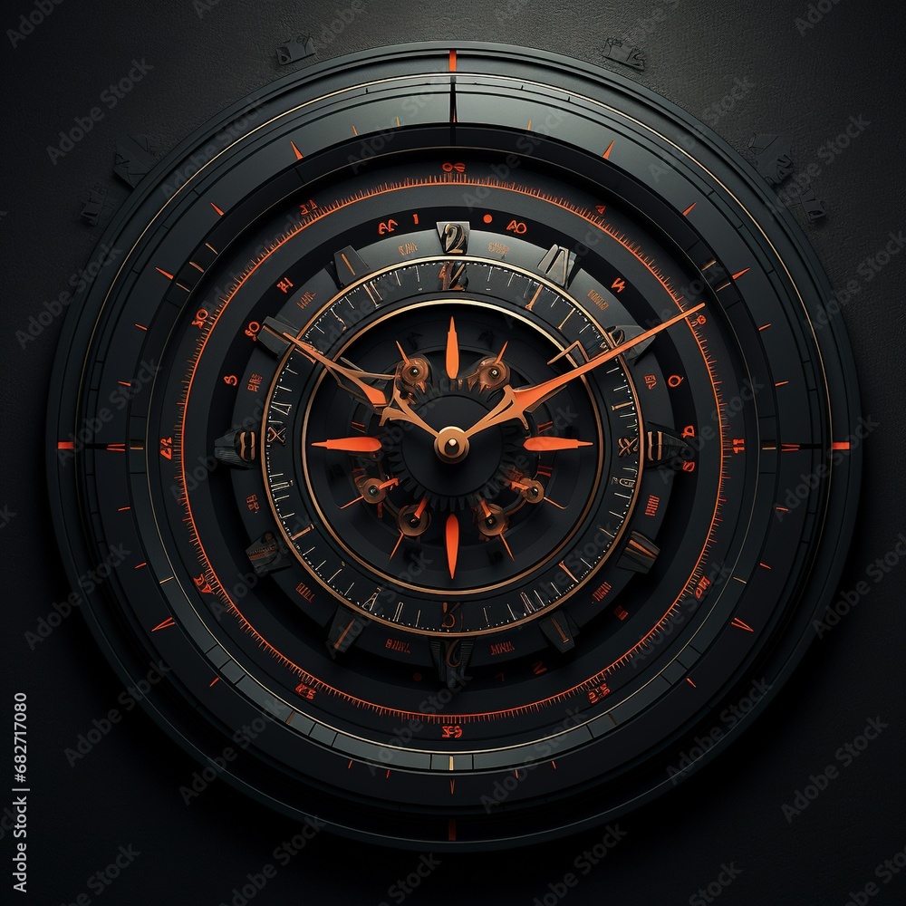 A close up of a clock with a red & blackface on a black background A close up of a clock with a red & blackface on a black background