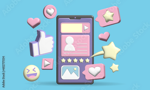 3D Mobile phone, social, profile popular like button, smile video icon and pop up, 3D illustration.