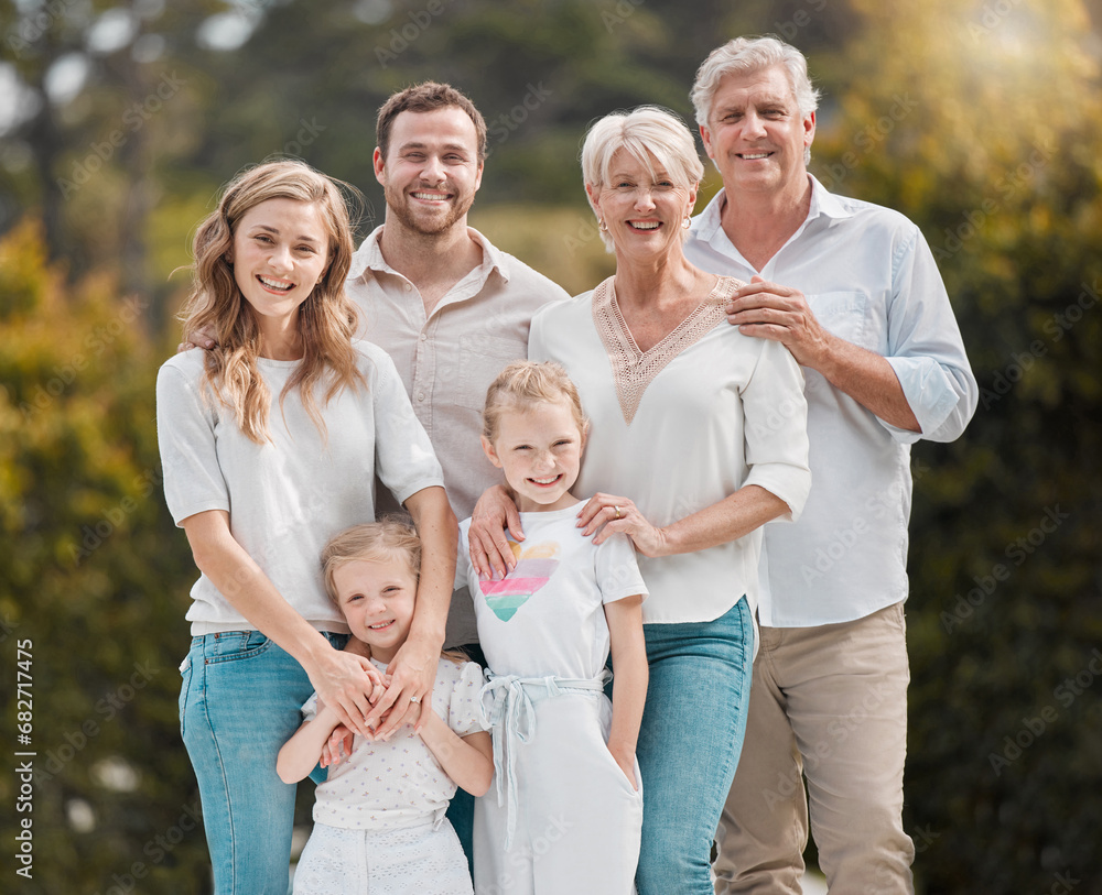 Portrait of big family in park together with smile, grandparents and parents with kids in backyard. Nature, happiness and men, women and children in garden with love, support and outdoor bonding.